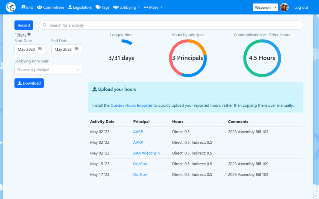 Import your lobbying hours from the OurGov application to the Eye On Lobbying site.